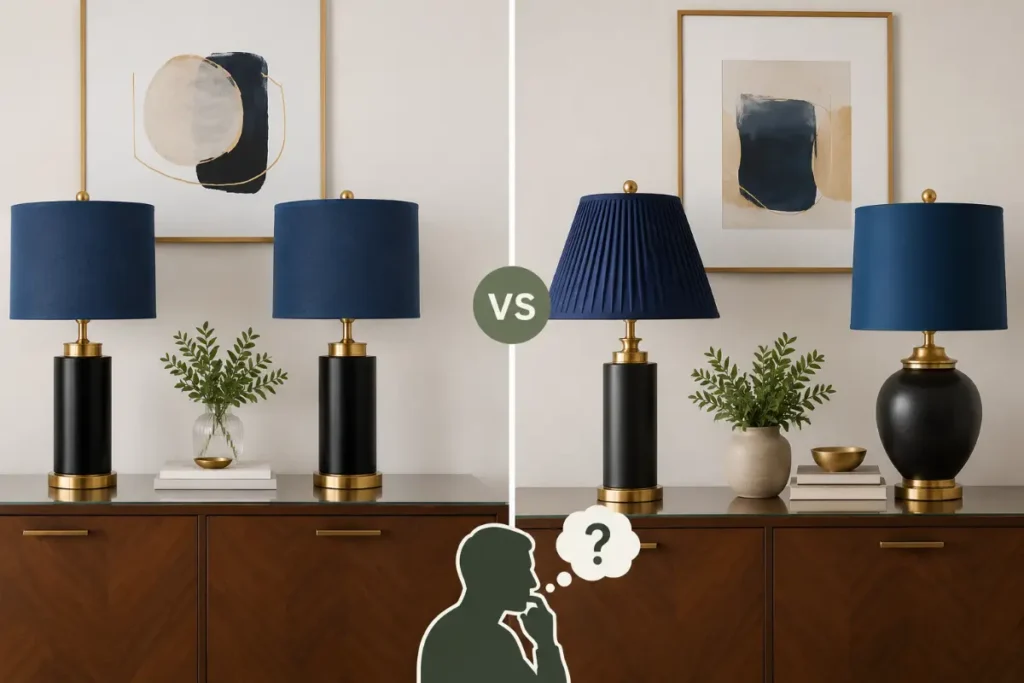 Black And Gold Table Lamps With Blue Lampshades