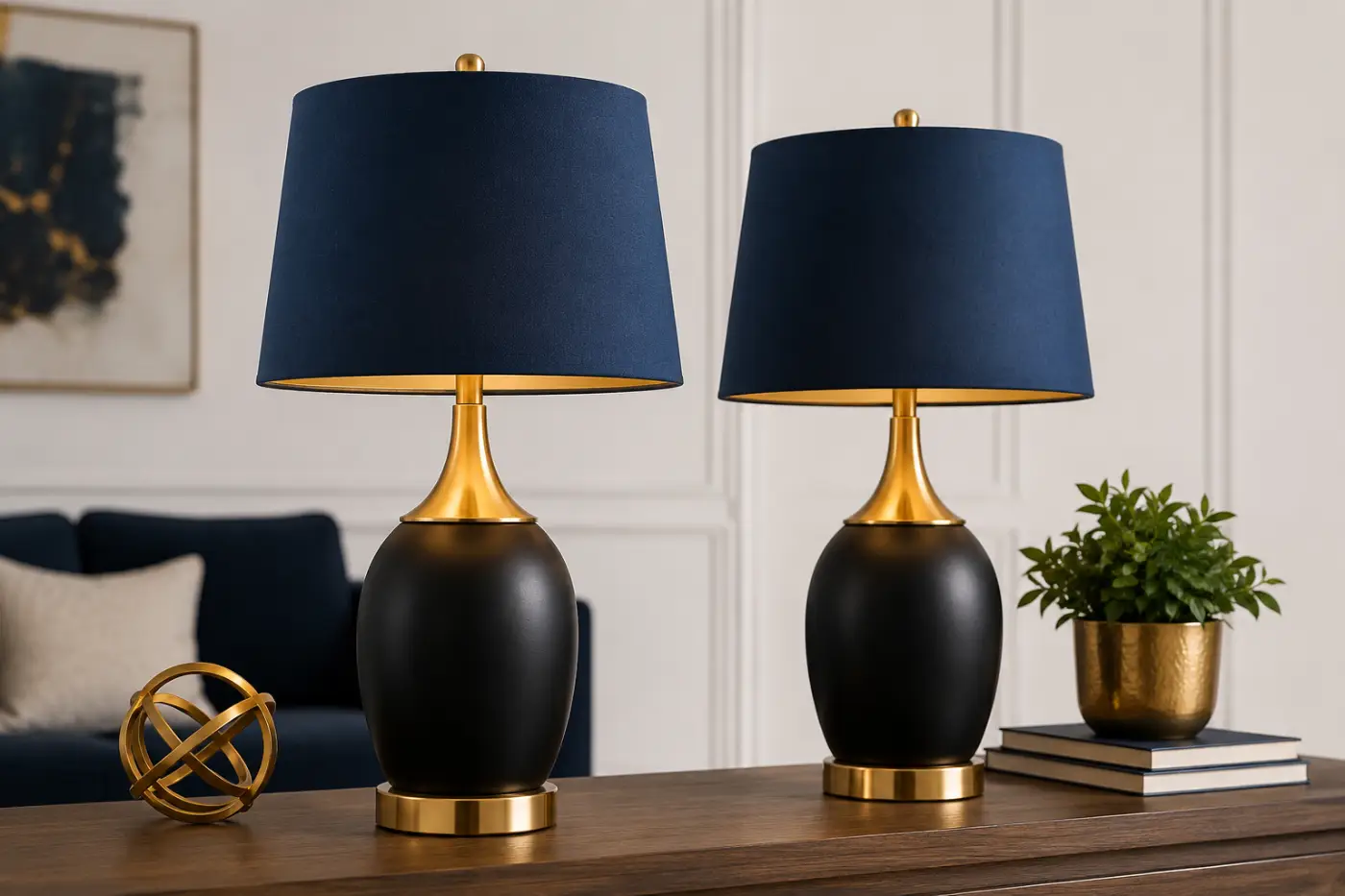 black-and-gold-table-lamps-with-blue-lampshades
