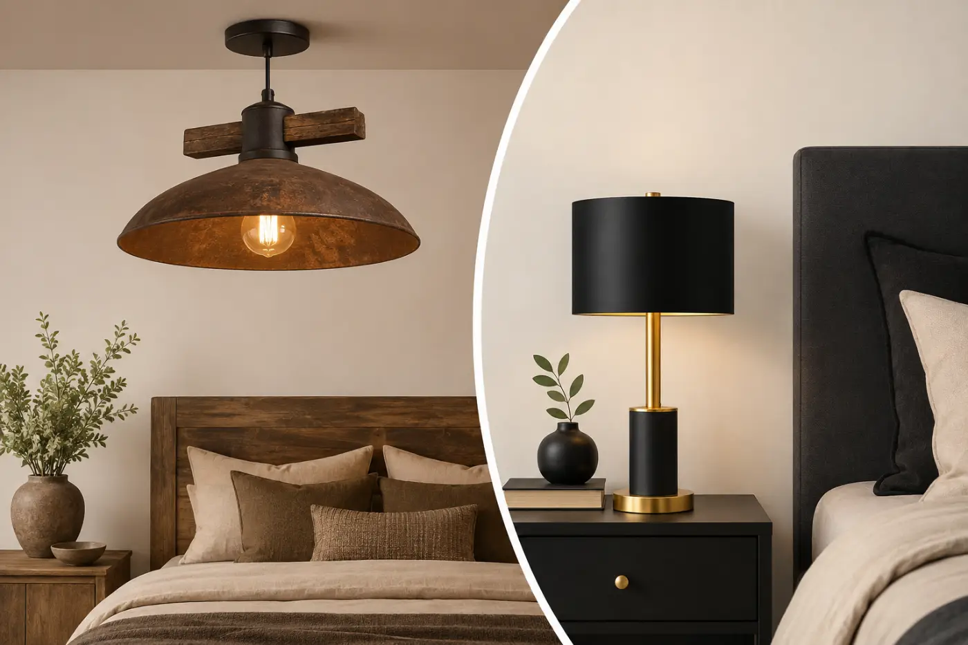 rustic-ceiling-lamps-and-black-gold-bedside-lamps